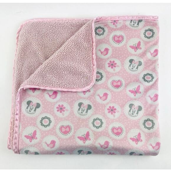 Disney Baby Minnie Mouse Pink Sherpa Style Blanket Bird Butterfly Flower Heart - Picture 1 of 9